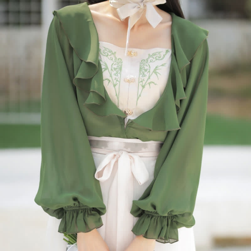 Sweet Green Bamboo Embroidery Cardigan Cami Top Skirt modakawa