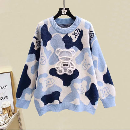 Cartoon Bear Print Sweater Split Skirt Set modakawa