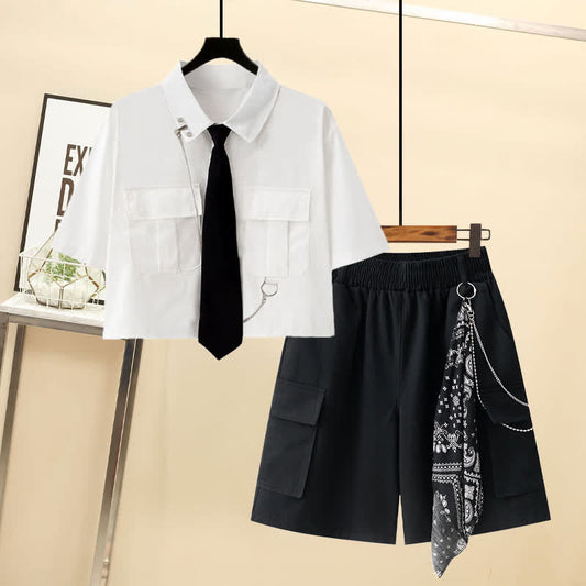 Casual Pocket Lapel Tie T-Shirt Chain Cargo Shorts modakawa