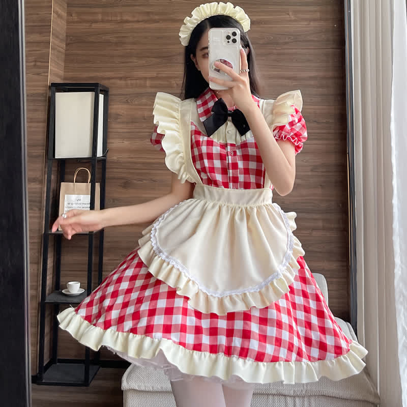 Sweet Bow Knot Ruffled Plaid Maid Dress Modakawa