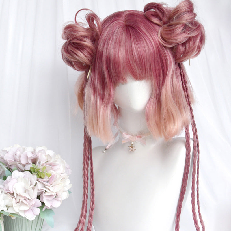 Gradient Pink Short Straight Ponytails Wig With Bangs modakawa