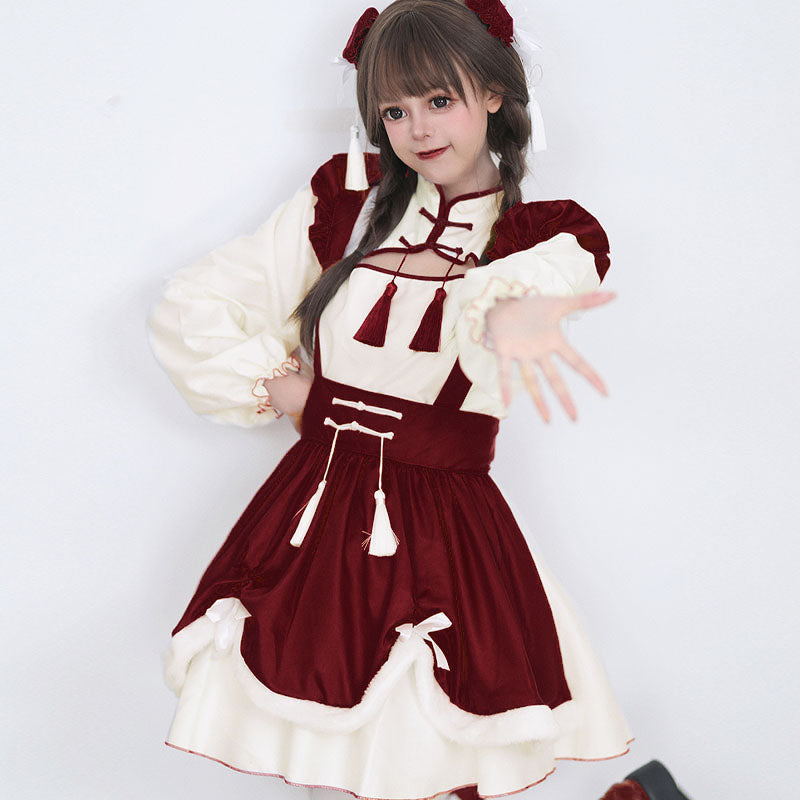 Sweet Red Buckle Tassel Lolita Maid Dress SpreePicky