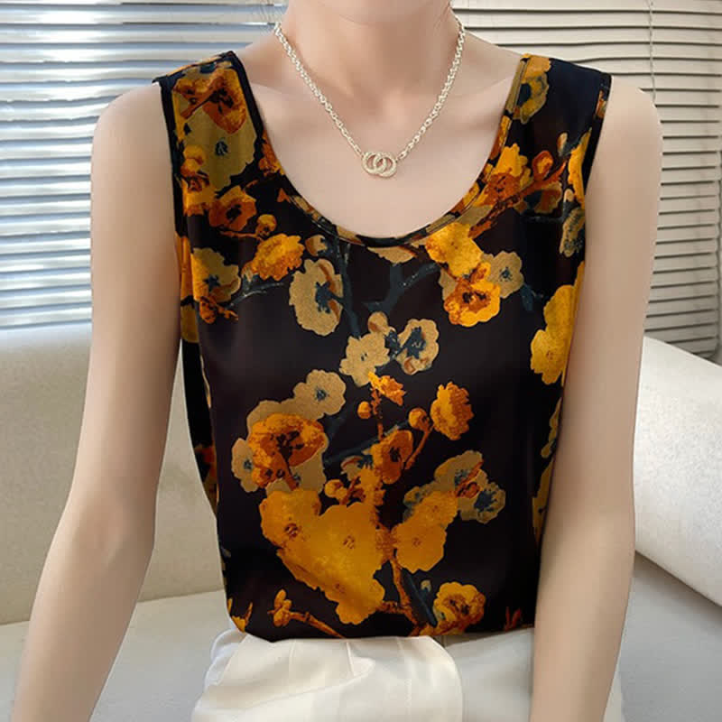 Vintage Floral Print Satin Cami Top Workwear modakawa