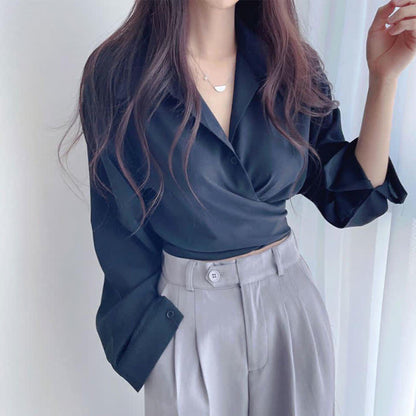 Chic Pure Color Lapel Crop Shirt modakawa