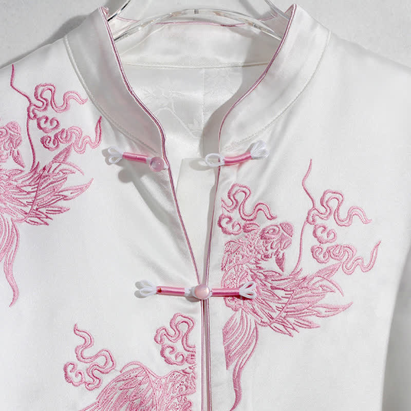 Vintage Floral Embroidery Buckle Long Sleeve Satin Shirt Modakawa