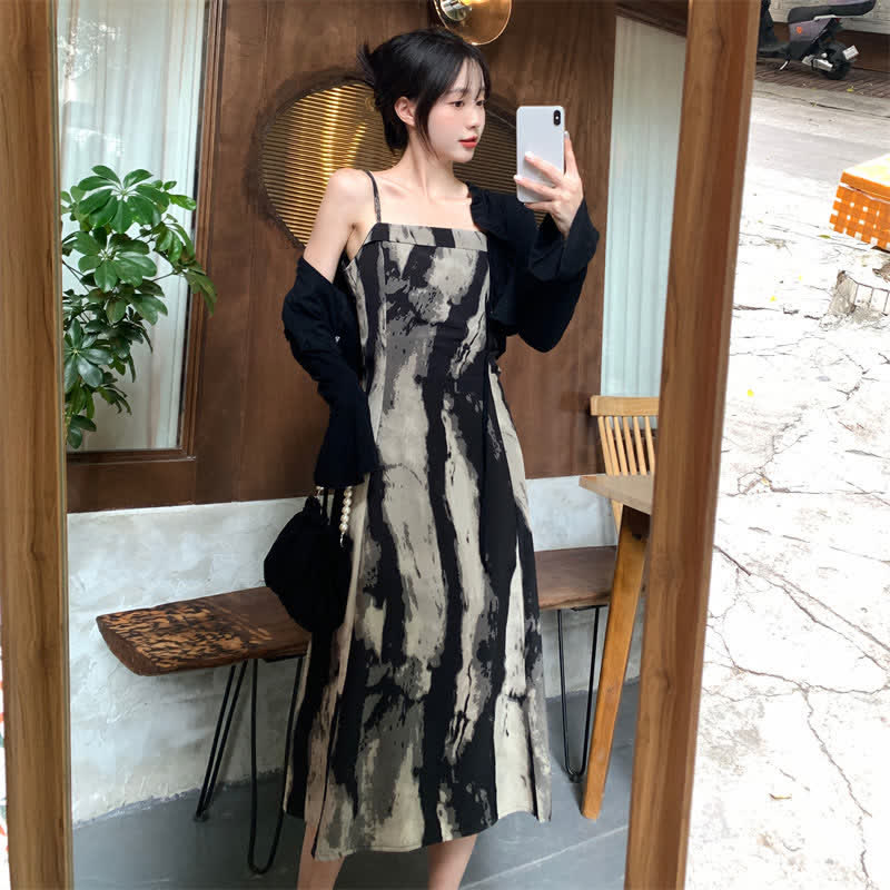 Elegant Black Short Cardigan Ink Painting Print Slip Dress modakawa