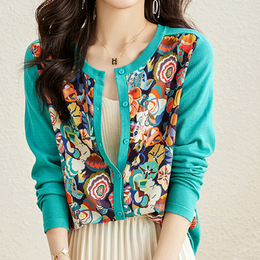 Green Crew Neck Knitted Flowers Cardigan modakawa