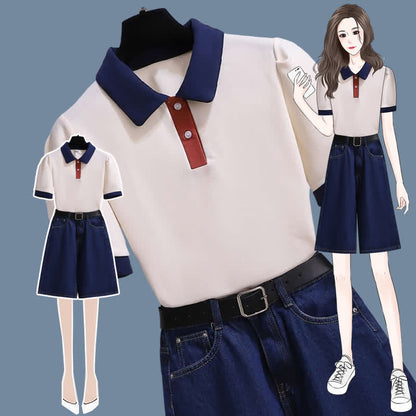 Colorblock Lapel T-Shirt Belted Denim Shorts modakawa