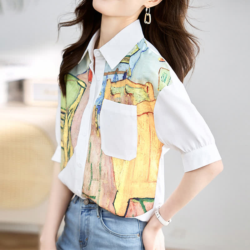 Colorblock Painting Print Pocket Lapel Shirt modakawa