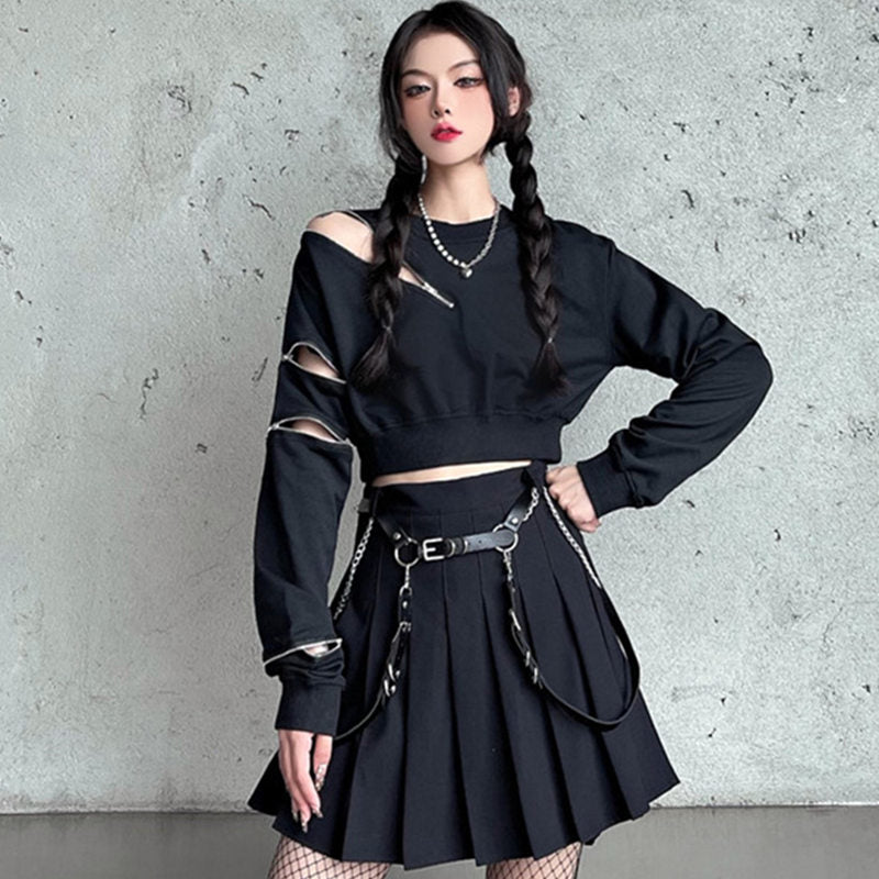 Y2K Zipper Short Sweatshirt Waistband Pleated Skirt Set Modakawa