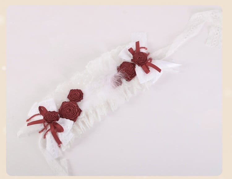 White Bowknots with Red Rosettes and Beads Hairband mySite