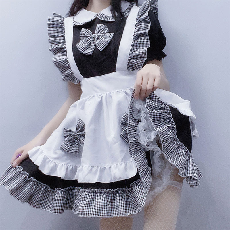 Kawaii Plaid Bow Tie Lolita Maid Ruffle Costume Dress Modakawa