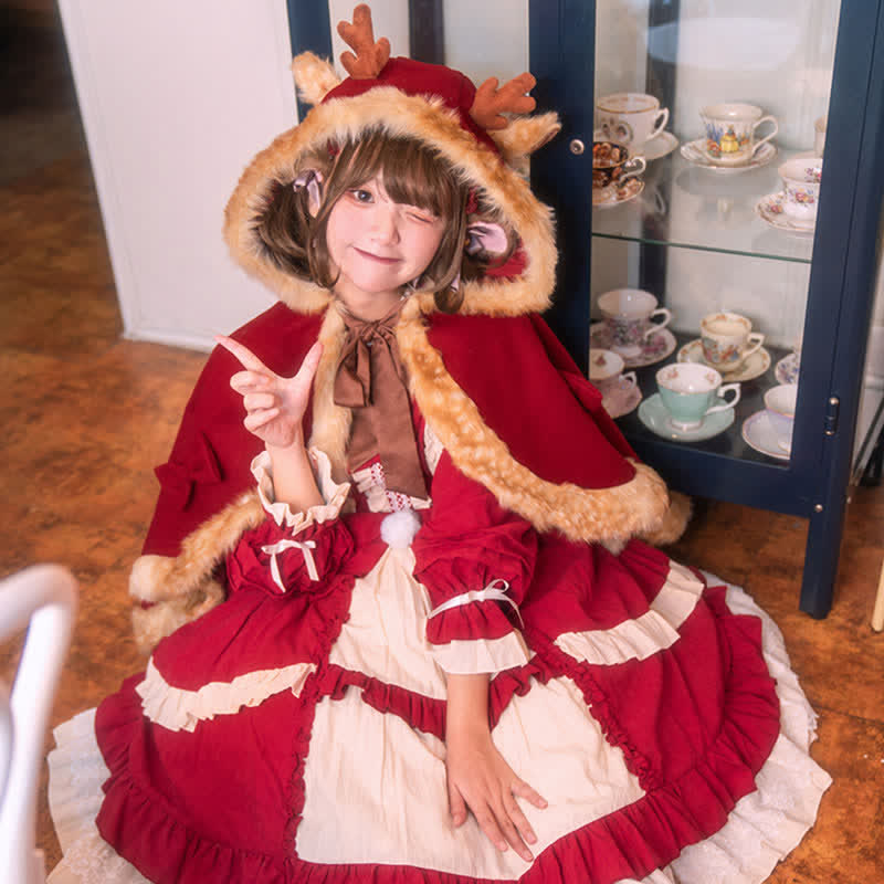 Cartoon Antler Plush Hooded Cloak Lolita Coat modakawa