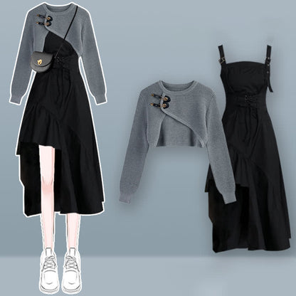 Irregular Buckle Sweater Slip Dress Set modakawa