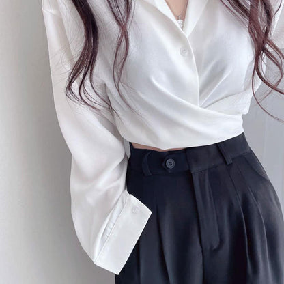 Chic Pure Color Lapel Crop Shirt modakawa