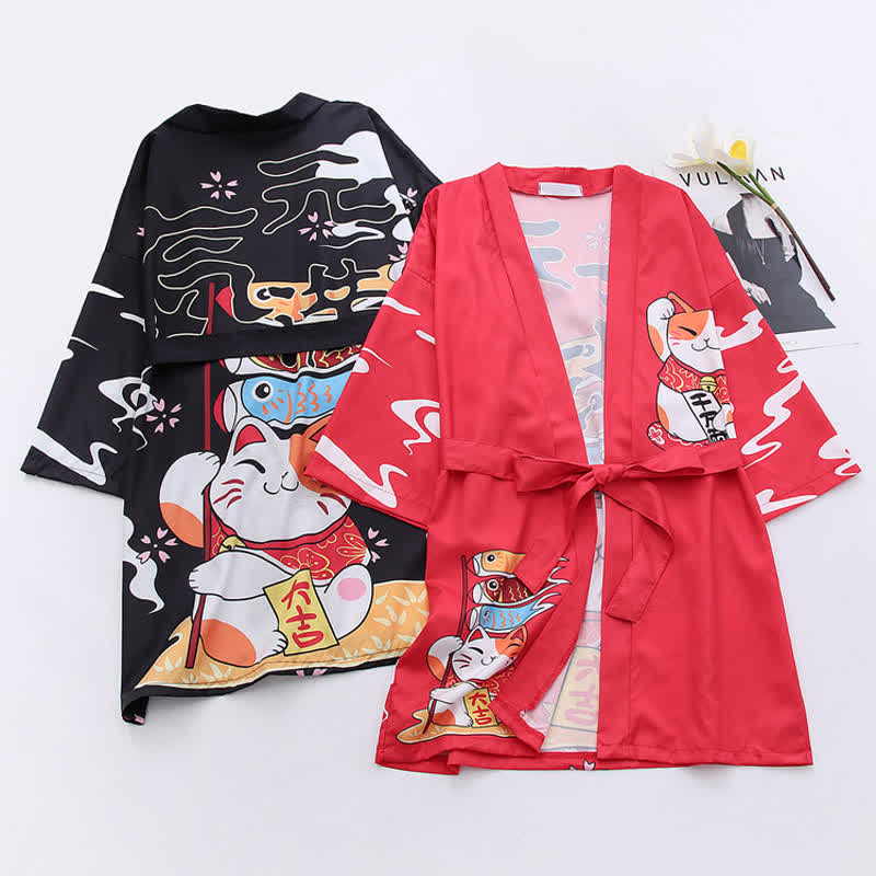 Lucky Cat Print Cardigan Kimono Outerwear modakawa