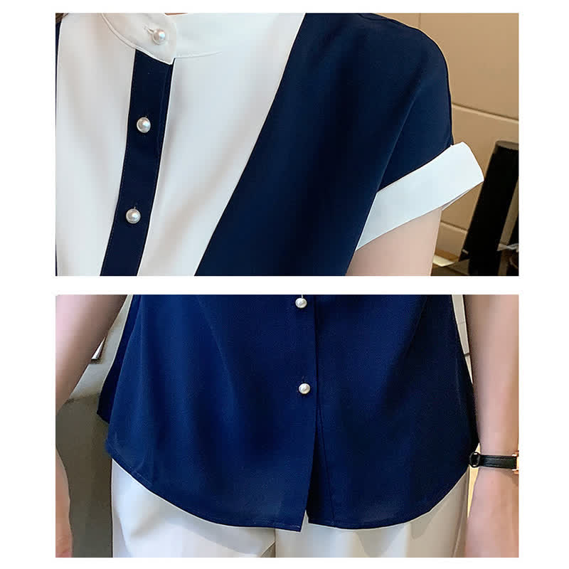 Colorblock Pearl Button Short Sleeve Shirt modakawa