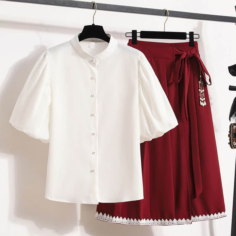 Elegant Pure Color Puff Sleeve T-Shirt Lace Up Pleated Skirt modakawa