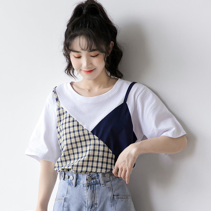 Sweet Plaid Color Block Fake Two Piece T-Shirt modakawa