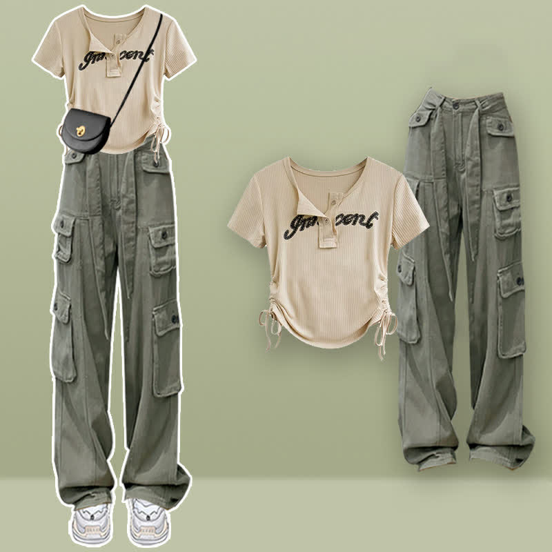 Casual Letter Print Drawstring Crop Top T-Shirt Pocketed Cargo Pants modakawa