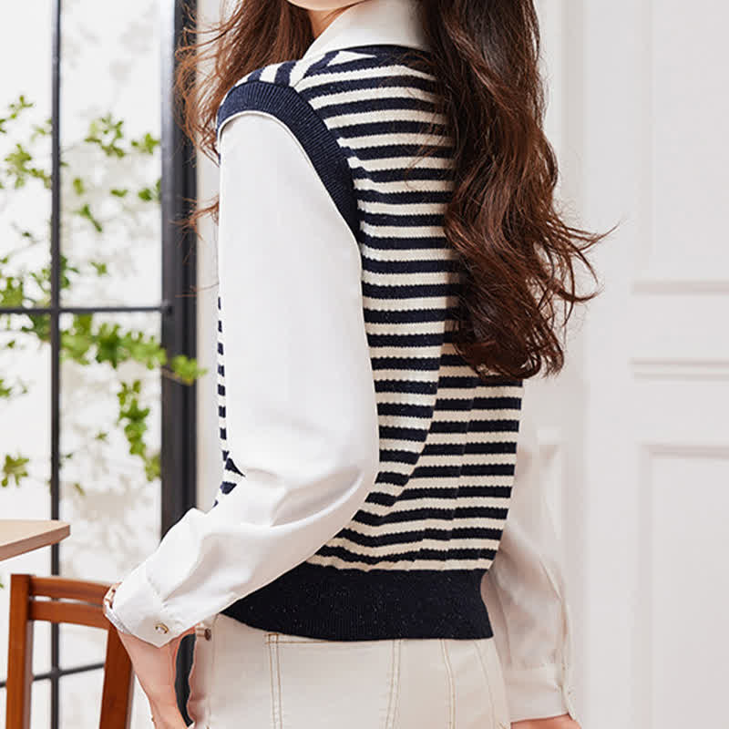 Stripe Fake Two Pieces Knit White Lapel Shirt SpreePicky