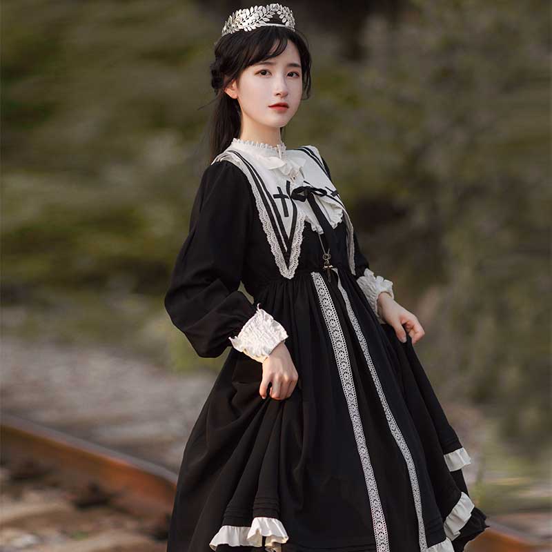 Elegant Lace Up Lolita Dark Maid Dress Modakawa