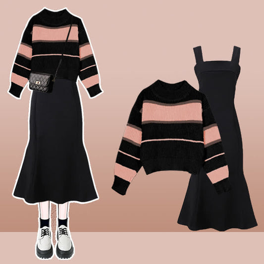 Pink Colorblock Stripe Lace Up Sweater Fishtail Slip Dress modakawa