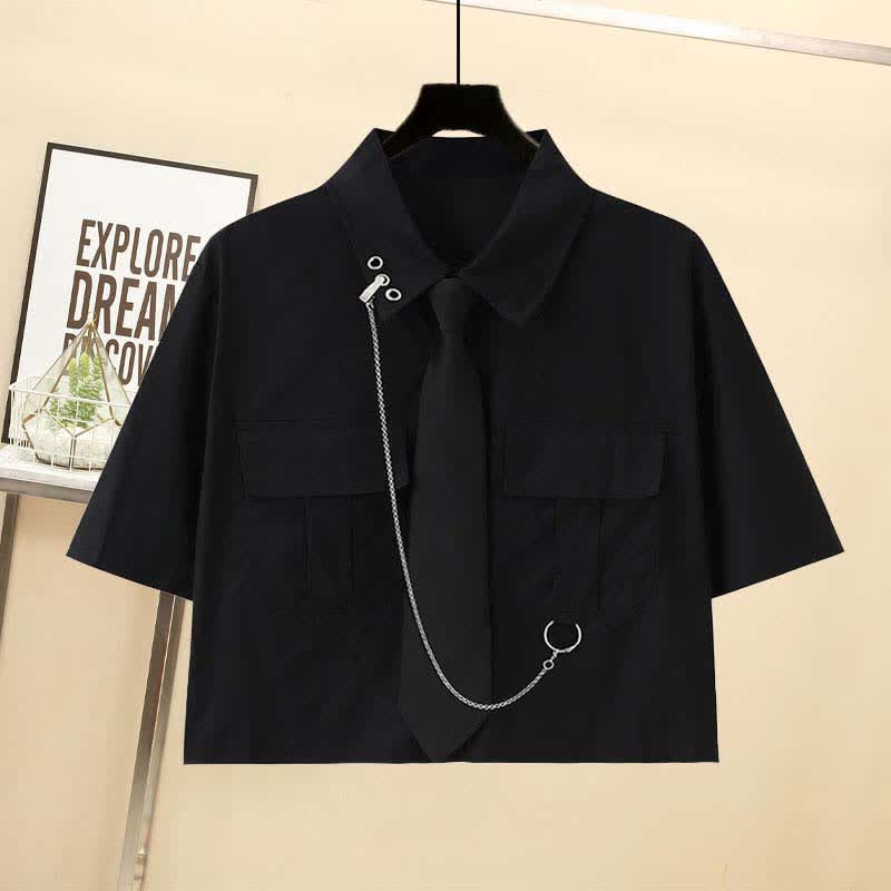 Black Pocket Lapel Tie T-Shirt Irregular Slip Dress Set modakawa