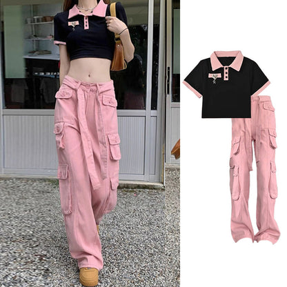 Vintage Love Heart Crop T-Shirt Pink Cargo Pants modakawa