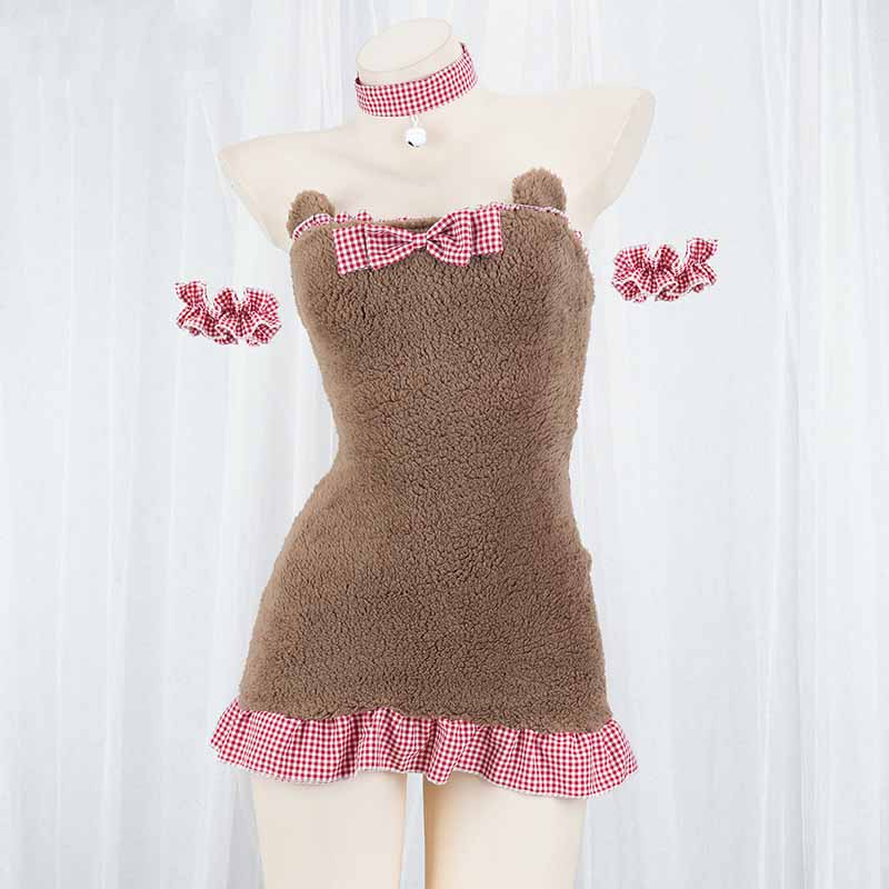 Kawaii Maid Plaid Bear Plush Lingerie Set modakawa