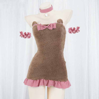 Kawaii Maid Plaid Bear Plush Lingerie Set modakawa