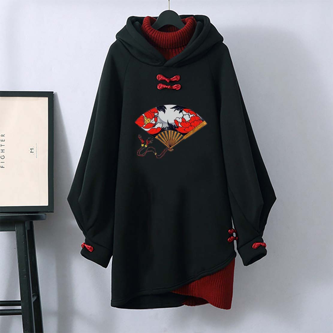 Folding Fan Buckle Vintage Hooded Sweatshirt Dress modakawa