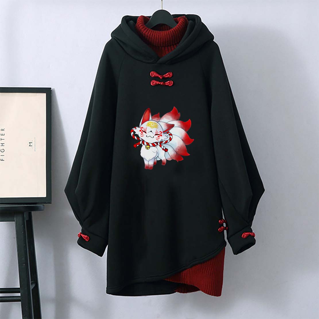 Nine-tailed Fox Print Buckle Vintage Hooded Sweatshirt Dress modakawa