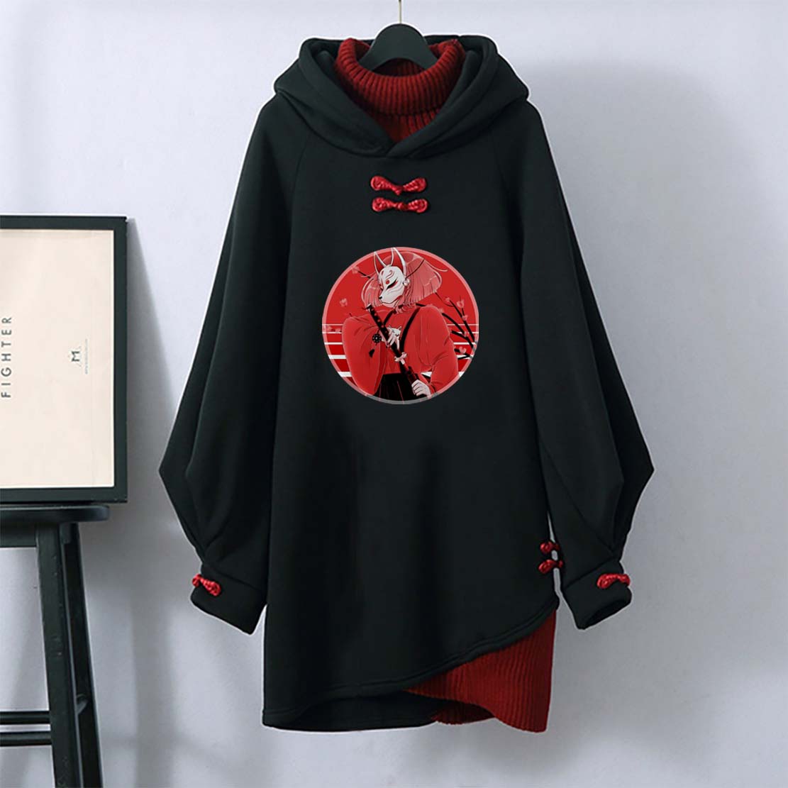 Fox Mask Anime Buckle Vintage Hooded Sweatshirt Dress modakawa