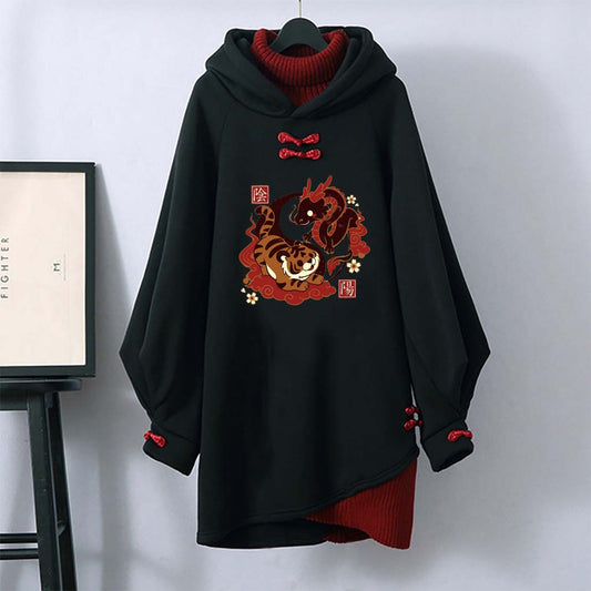 Tiger Dragon Print Buckle Vintage Hooded Sweatshirt Dress modakawa