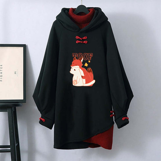 Cartoon Fox Buckle Black Hooded Sweatshirt Dress modakawa