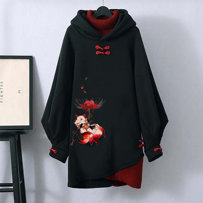 Nine-tailed Fox Flower Vintage Hooded Sweatshirt Dress modakawa