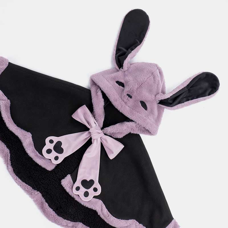 Purple Long Bunny Ears Hooded Bowknot Plush Short Cape modakawa