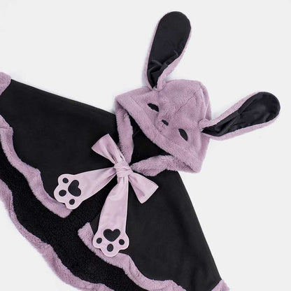 Purple Long Bunny Ears Hooded Bowknot Plush Short Cape modakawa