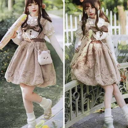 Lolita Bowknot Plush Overalls Puff Sleeve Lace Shirt modakawa