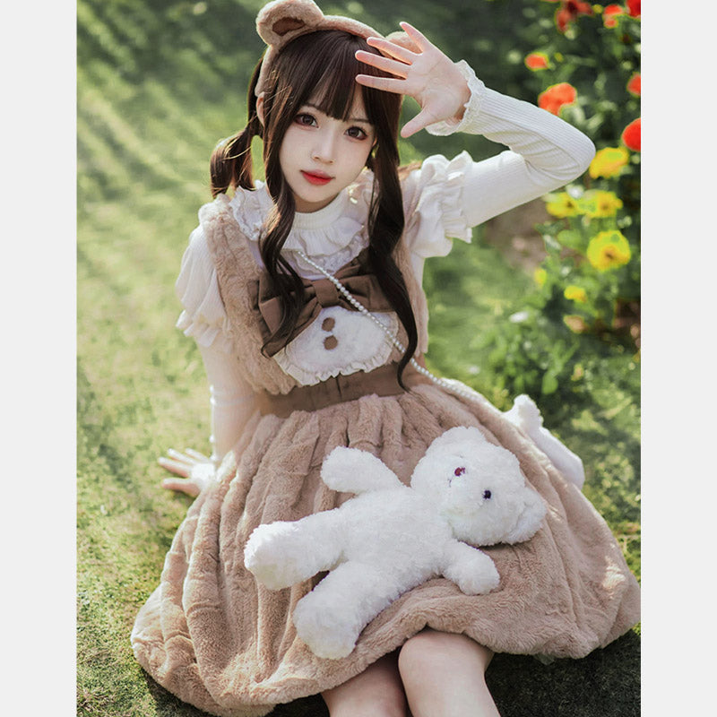 Lolita Bowknot Plush Overalls Puff Sleeve Lace Shirt modakawa