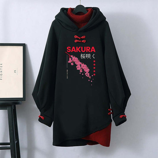 Sakura Letter Buckle Vintage Hooded Sweatshirt Dress modakawa