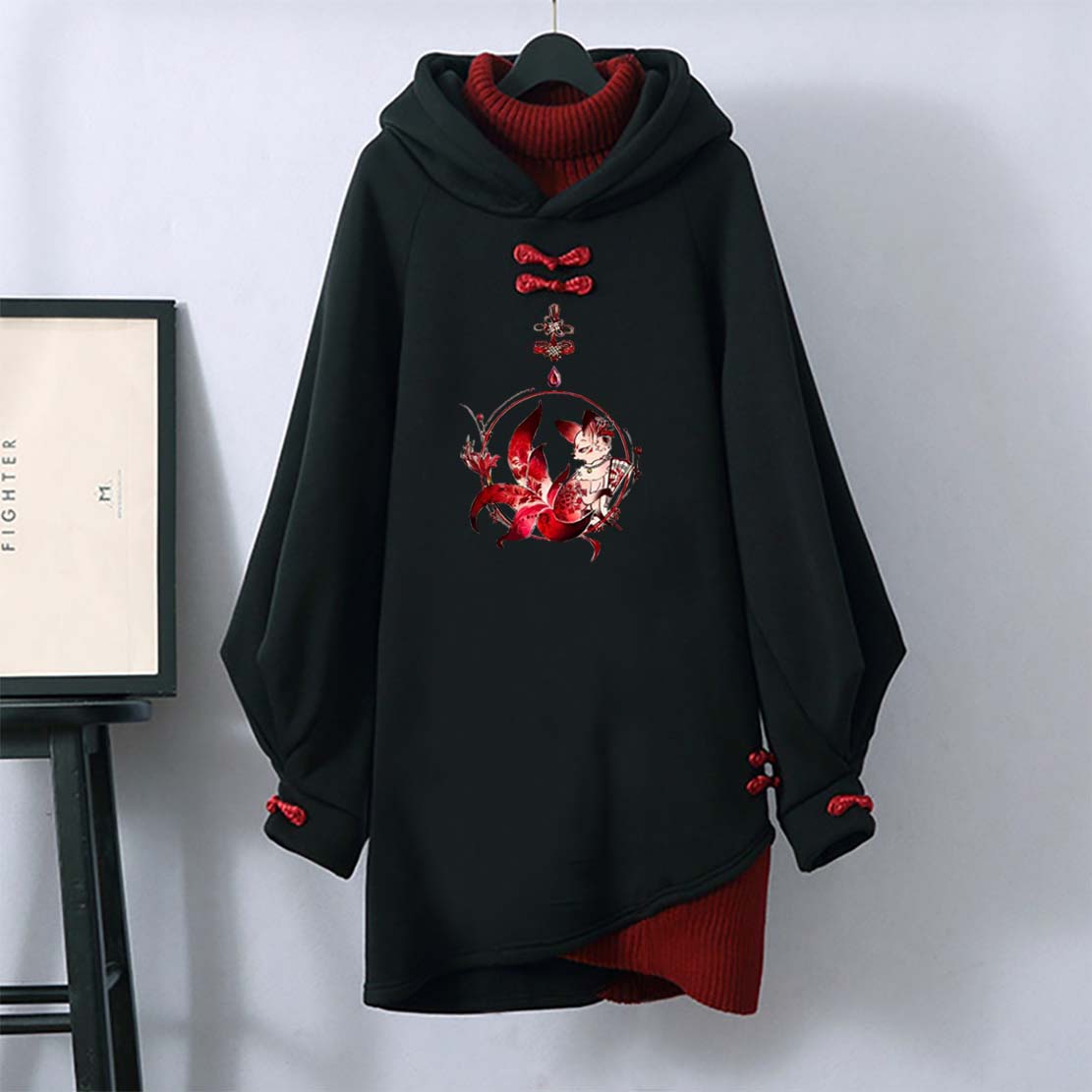 Black Fox Buckle Long Hooded Sweatshirt Dress modakawa