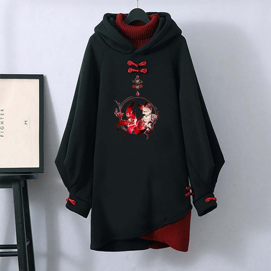 Black Fox Buckle Long Hooded Sweatshirt Dress modakawa