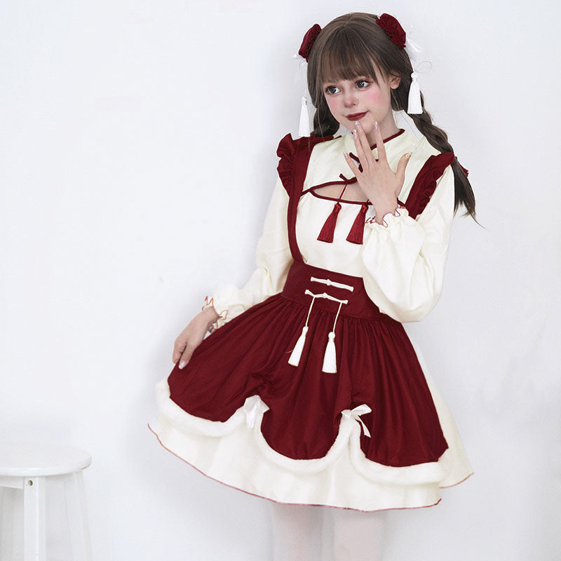 Sweet Red Buckle Tassel Lolita Maid Dress SpreePicky