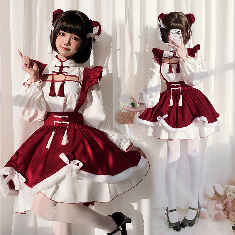 Sweet Red Buckle Tassel Lolita Maid Dress SpreePicky