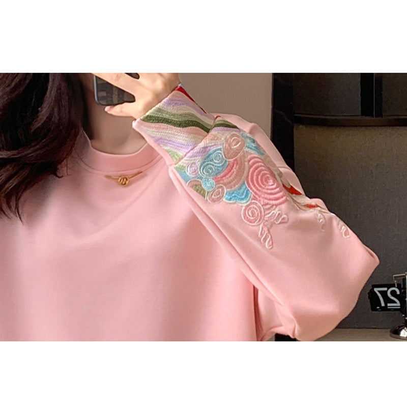 Pink Embroidery Round Collar Sweatshirt Modakawa