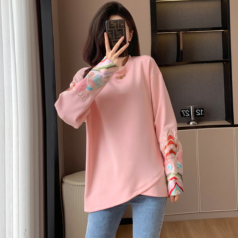 Pink Embroidery Round Collar Sweatshirt Modakawa