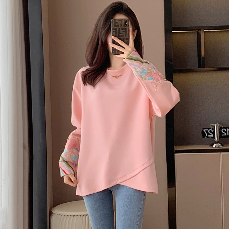 Pink Embroidery Round Collar Sweatshirt Modakawa