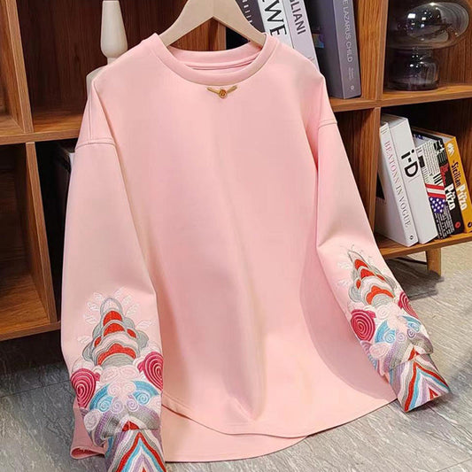 Pink Embroidery Round Collar Sweatshirt Modakawa